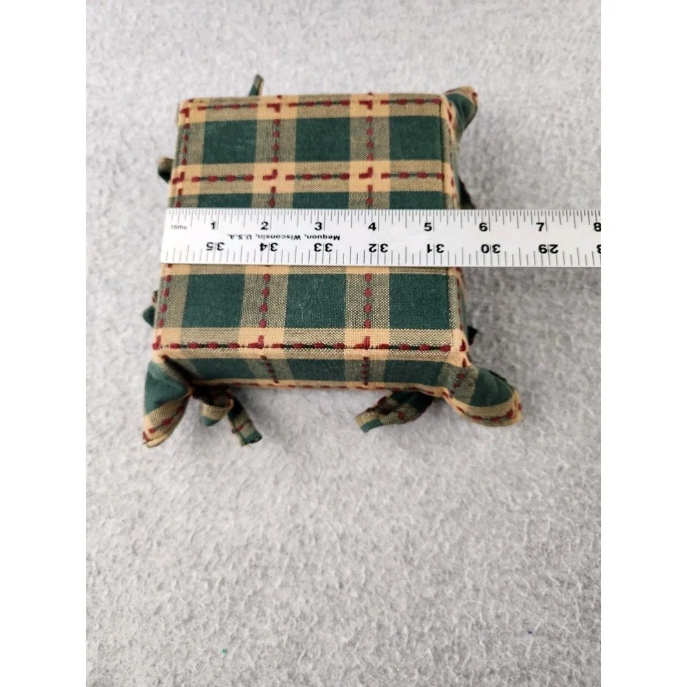 Farmhouse Country Fabric Cloth Bread Basket Side Ties Square Green & Red Plaid